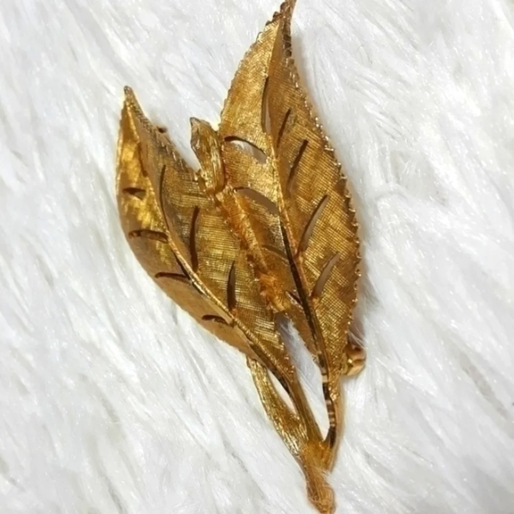 Vintage Gold Tone Wash Double Leaf J.S. Brooch Pin